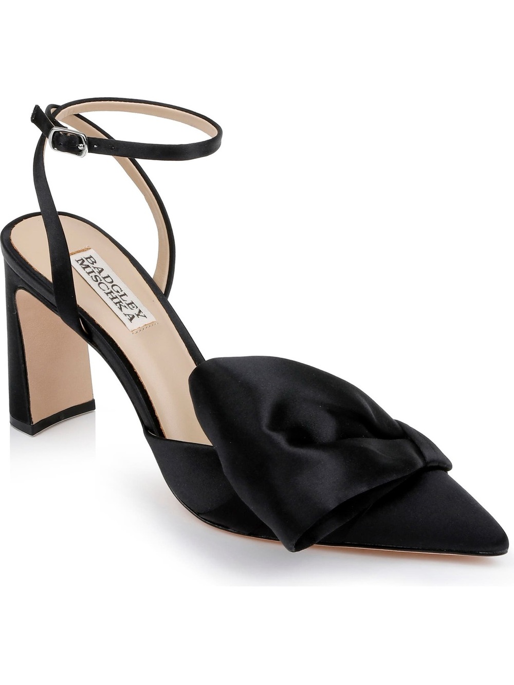 Badgley Mischka Black Satin Knot Pointed Ankle-Strap Block Heel